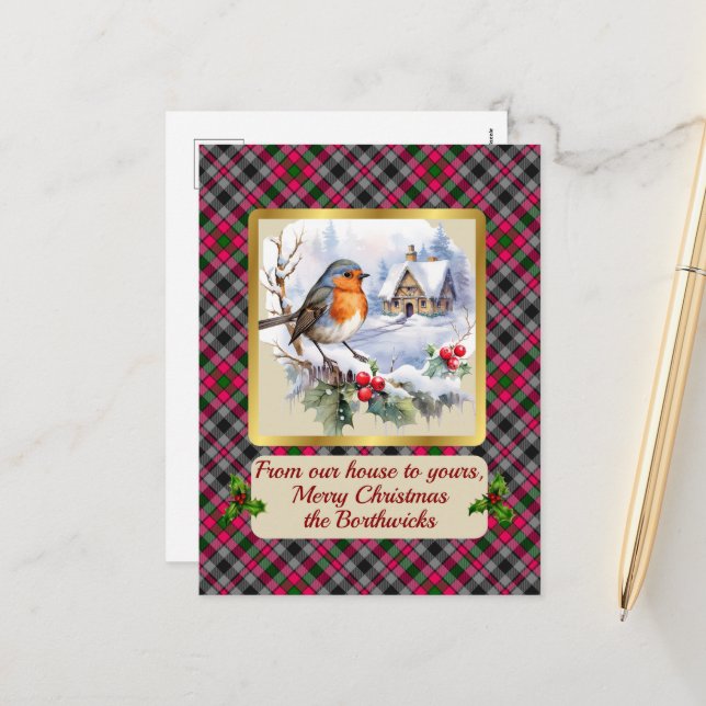 Cartes Pour Fêtes Annuelles Borthwick Crest & Tartan avec Robin Personnalisé (Devant/Arrière en situation)