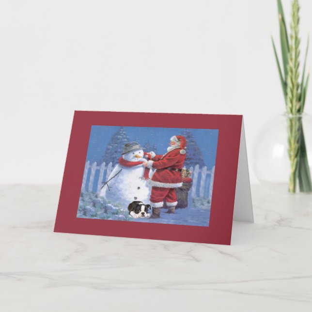 Cartes Pour Fêtes Annuelles Boston Terrier Christmas Snowman et Père Noël Gree (Devant)