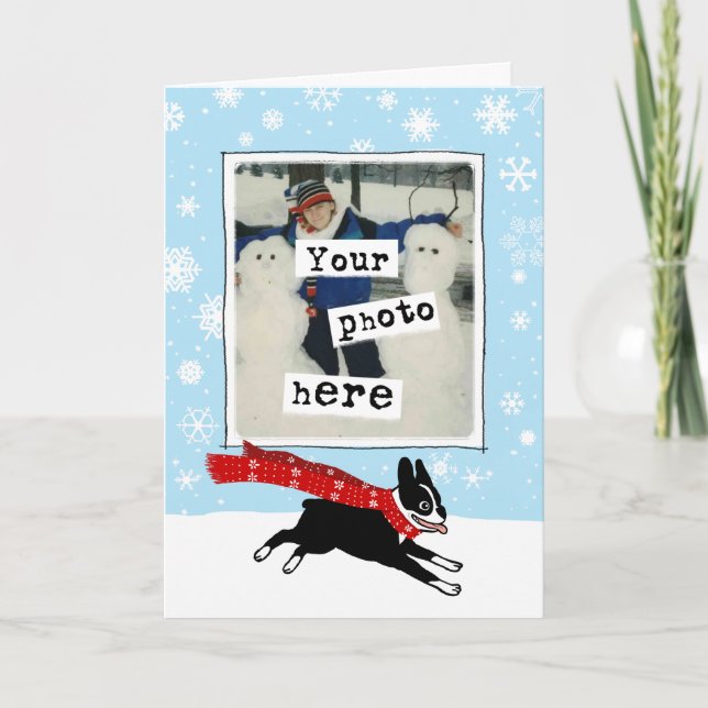 Cartes Pour Fêtes Annuelles Boston Terrier dans la neige Votre photo Noël (Devant)