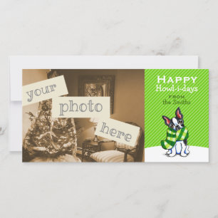 Cartes Pour Fêtes Annuelles Boston Terrier Écharpe d'hiver Noël Neige verte