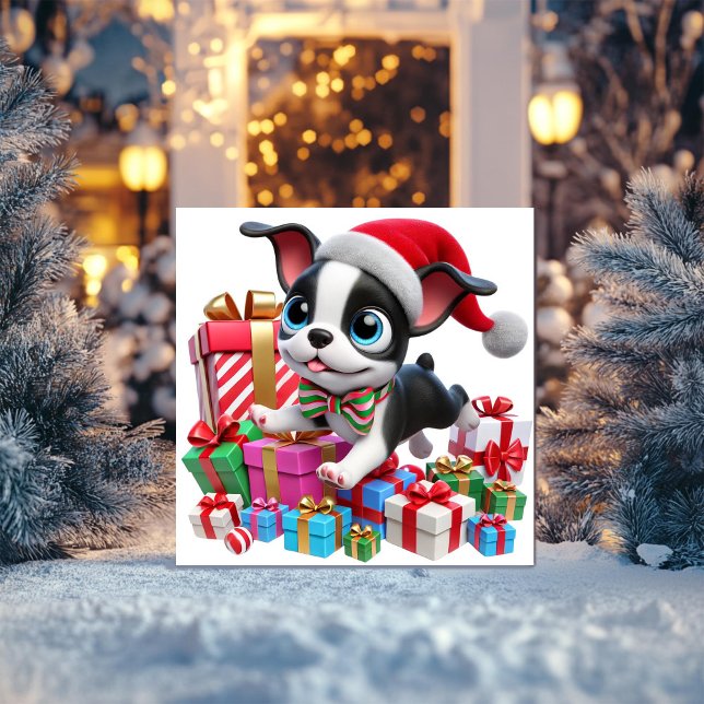 Cartes Pour Fêtes Annuelles Boston Terrier festif avec des cadeaux (Créateur téléchargé)