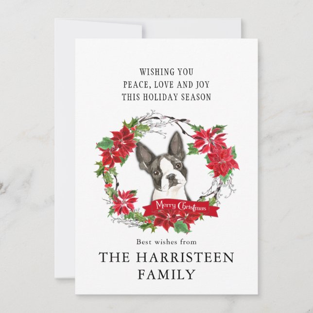 Cartes Pour Fêtes Annuelles Boston Terrier Noël Poinsettia Wreath (Devant)