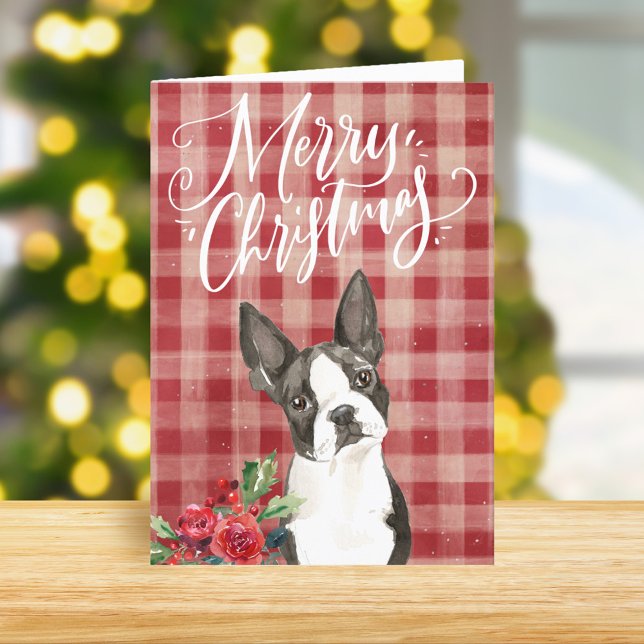 Cartes Pour Fêtes Annuelles Boston Terrier Red Plaid Noël (Créateur téléchargé)