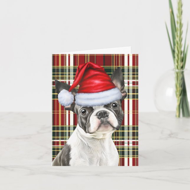 Cartes Pour Fêtes Annuelles Boston Terrier Rouge Vert saisonnier Plaid Noël (Devant)