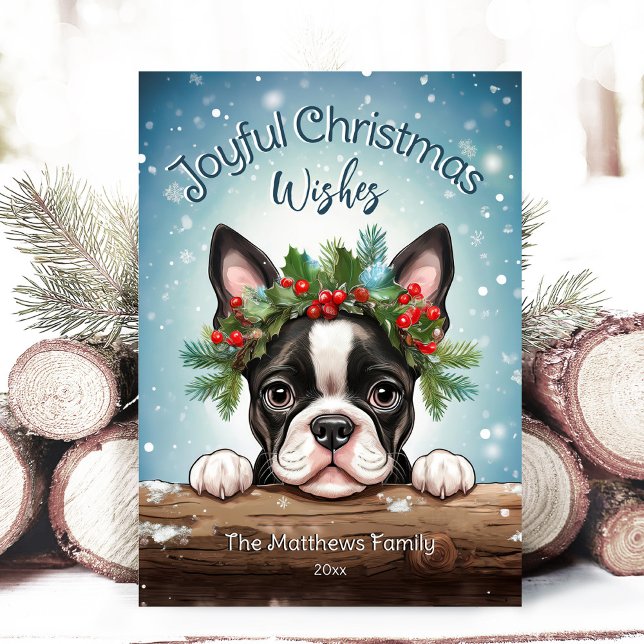 Cartes Pour Fêtes Annuelles Boston Terrier Winter Wonderland Joyeux Noël (Adorable Winter Snowy Scene With Peeking Dogs or Farm/Woodland Animals - Over 50 to Choose From!)