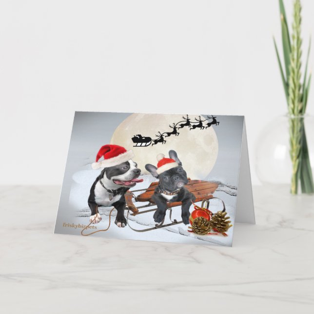 Cartes Pour Fêtes Annuelles Boston Terriers Père Noël et Reindeer Card (Devant)