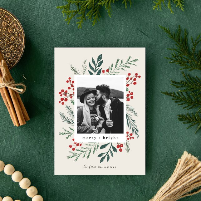 Cartes Pour Fêtes Annuelles Botanique d'hiver Noël Photo Beige (Créateur téléchargé)