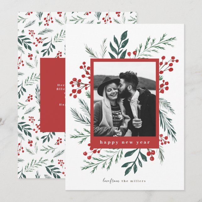 Cartes Pour Fêtes Annuelles Botanique d'hiver Noël Photo Rouge Nouvel An (Devant / Derrière)