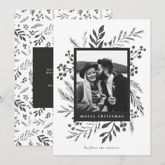 Cartes Pour Fêtes Annuelles Botanique d'hiver Photo de Noël noir et blanc (Devant / Derrière)