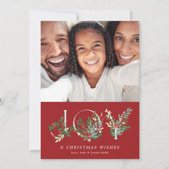 Cartes Pour Fêtes Annuelles Botanique Floral Noël JOIE Élégante Photo Rouge (Devant)