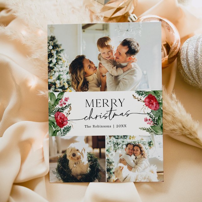 Cartes Pour Fêtes Annuelles Botanique moderne Script 3 Photo Joyeux Noël (Créateur téléchargé)