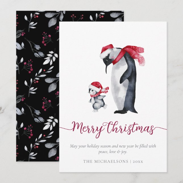 Cartes Pour Fêtes Annuelles Botanique simple moderne de pingouin de Noël (Devant / Derrière)