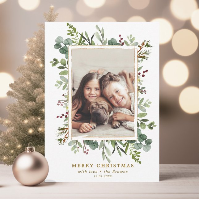 Cartes Pour Fêtes Annuelles Botanique Verdure Or Joyeux Noël Photo Holi (Créateur téléchargé)