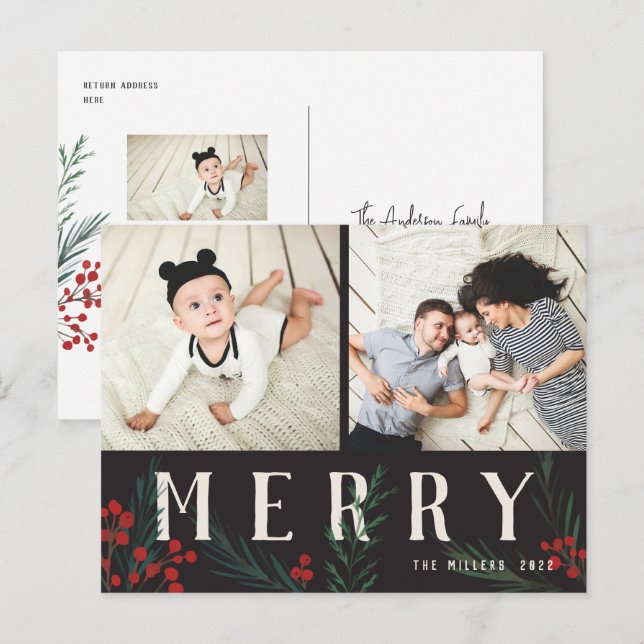 Cartes Pour Fêtes Annuelles Botaniques typographiques 2 Photo Joyeux (Devant / Derrière)