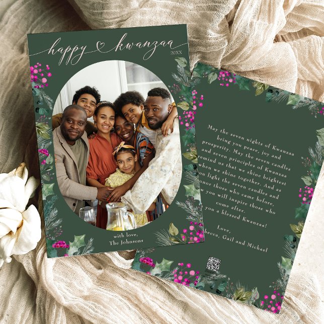 Cartes Pour Fêtes Annuelles Botaniques vertes et roses brillantes Heureuse pho (Créateur téléchargé)