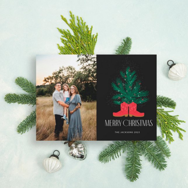 Cartes Pour Fêtes Annuelles Bottes de cowboy rouges et Noël d'épinette (Créateur téléchargé)