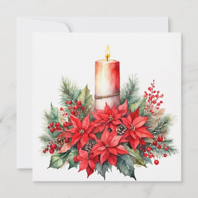 Cartes Pour Fêtes Annuelles Bougie de Noël, Fleurs de Poinsettie Rouge, Berrie (Devant)