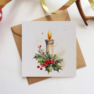 Cartes Pour Fêtes Annuelles Bougie De Noël Holly Feuilles Et Berries Peinture