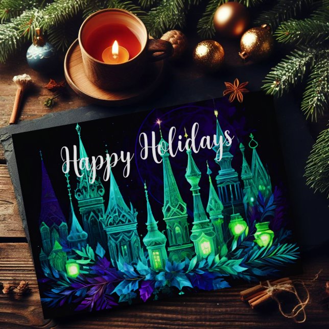 Cartes Pour Fêtes Annuelles Bougie de peinture aquarelle Noël violet vert (Créateur téléchargé)