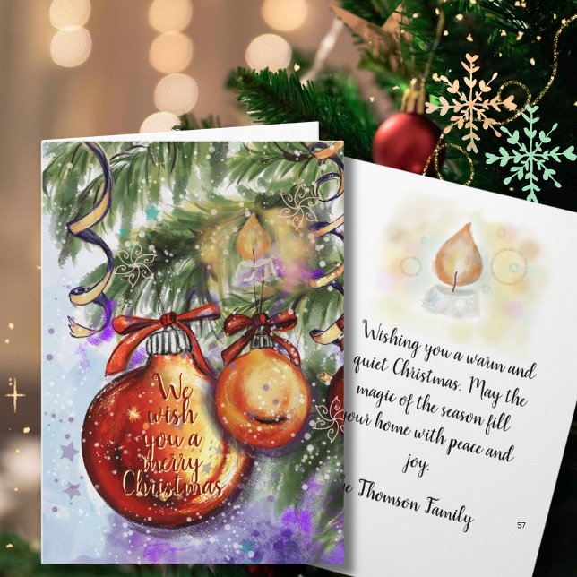 Cartes Pour Fêtes Annuelles Bougie et ornements aquarelle élégants de Noël (Elegant Watercolor Candle & Ornaments Christmas Holiday Card)