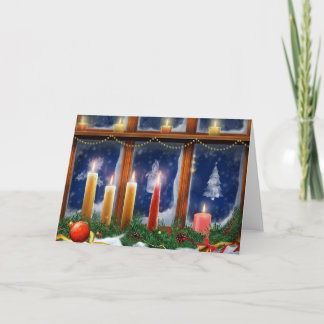 Cartes Pour Fêtes Annuelles Bougies dans la fenêtre givrée par neige