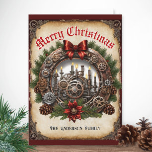 Cartes Pour Fêtes Annuelles Bougies de couronne Steampunk Ruban rouge Engrenag