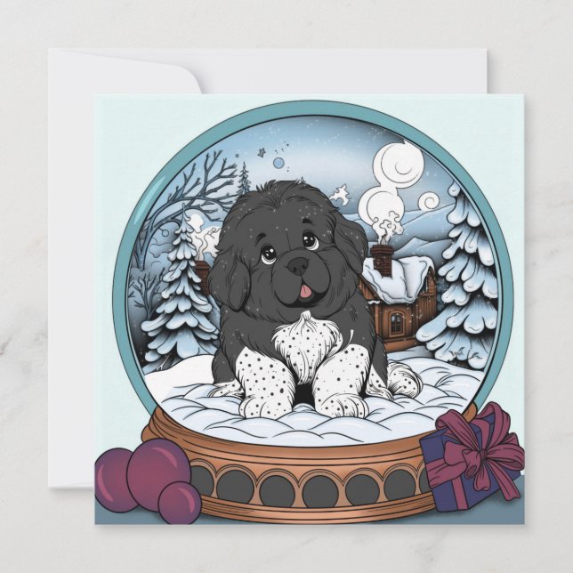 Cartes Pour Fêtes Annuelles Boule à neige avec chiot de Terre-Neuve (Devant)