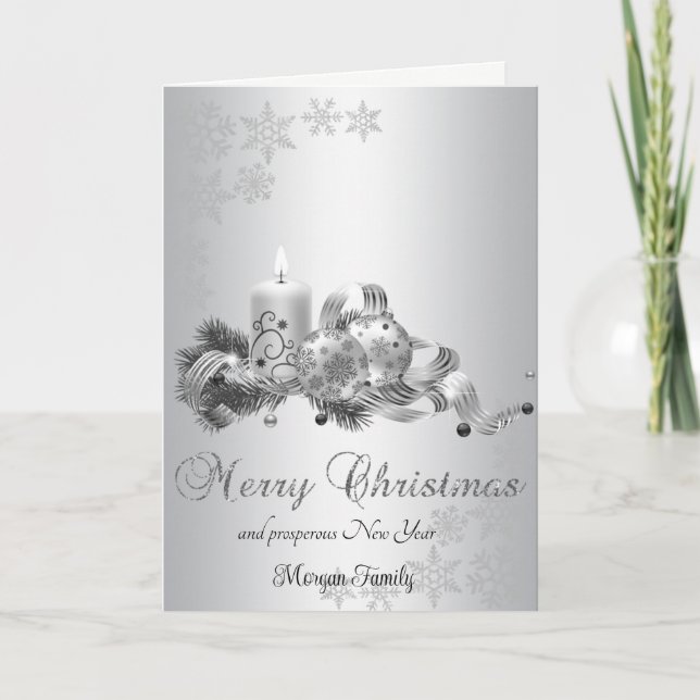 Cartes Pour Fêtes Annuelles Boule de Noël, Bougie de neige flocons d'argent (Devant)