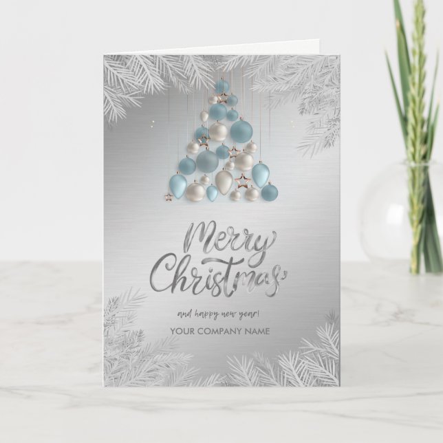 Cartes Pour Fêtes Annuelles Boules Bleues, Branches, Entreprise Argent (Devant)