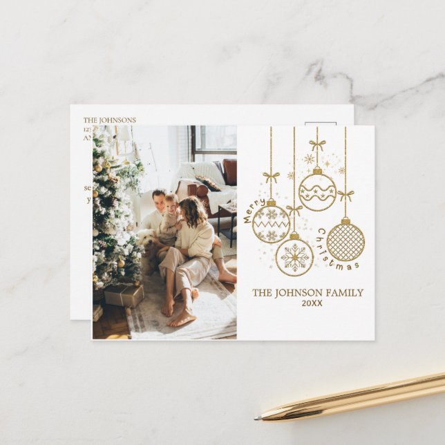 Cartes Pour Fêtes Annuelles Boules de décoration de Noël doré (Devant/Arrière en situation)