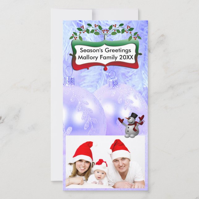 Cartes Pour Fêtes Annuelles Boules de Noël Bleues, Snowman, Arbres, Holly (Devant)