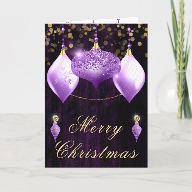 Cartes Pour Fêtes Annuelles Boules de Noël en Paillettes Violettes (Devant)