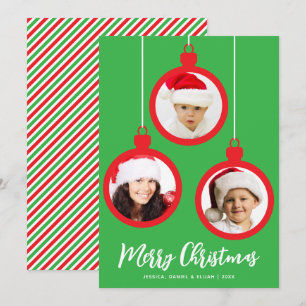 Cartes Pour Fêtes Annuelles Boules rouges 3 Photos Collage Joyeux Noël Vert