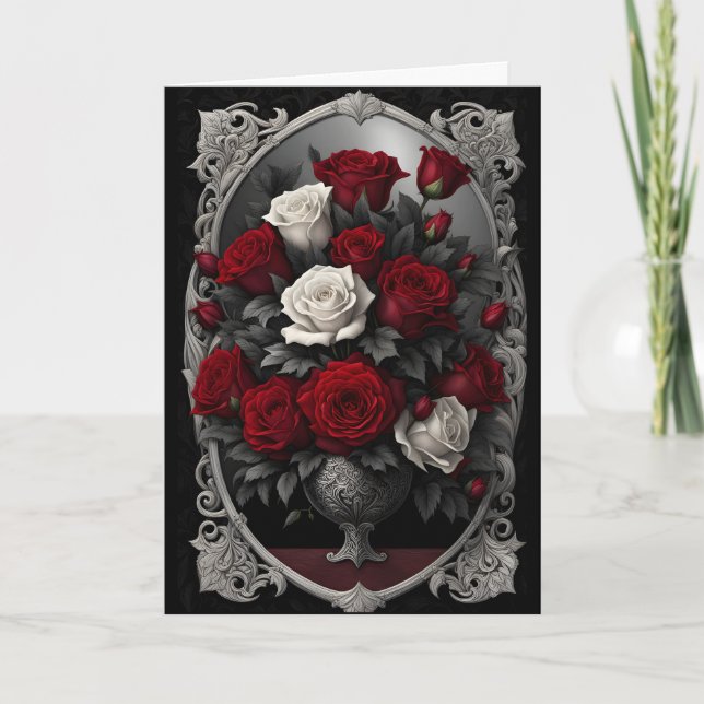 Cartes Pour Fêtes Annuelles Bouquet de roses rouges et blanches Goth Valentine (Devant)