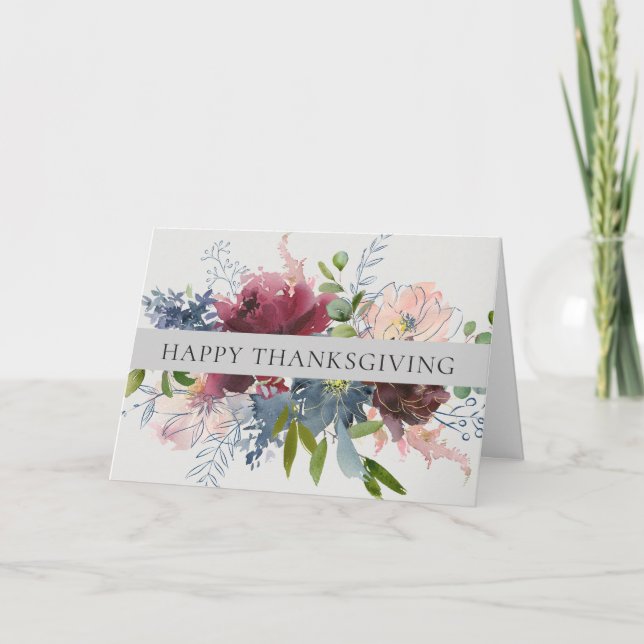 Cartes Pour Fêtes Annuelles Bourgogne et marine Aquarelle Florale Thanksgiving (Devant)