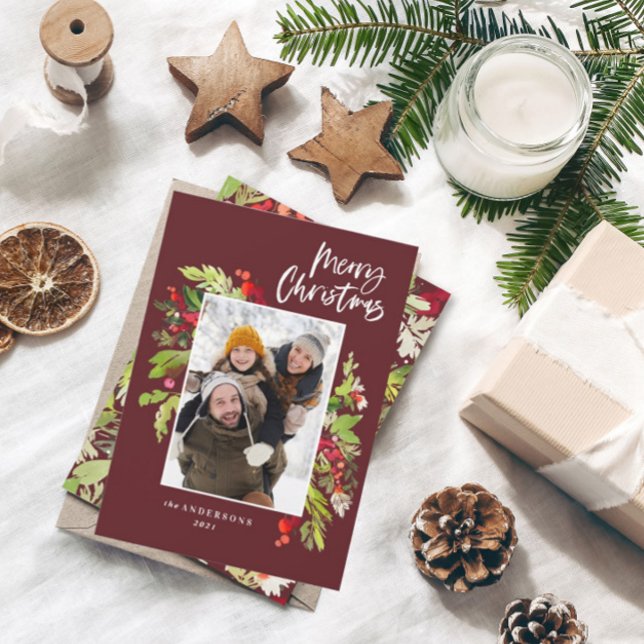 Cartes Pour Fêtes Annuelles Bourgogne feuillage de Noël rustique 1 photo (Créateur téléchargé)