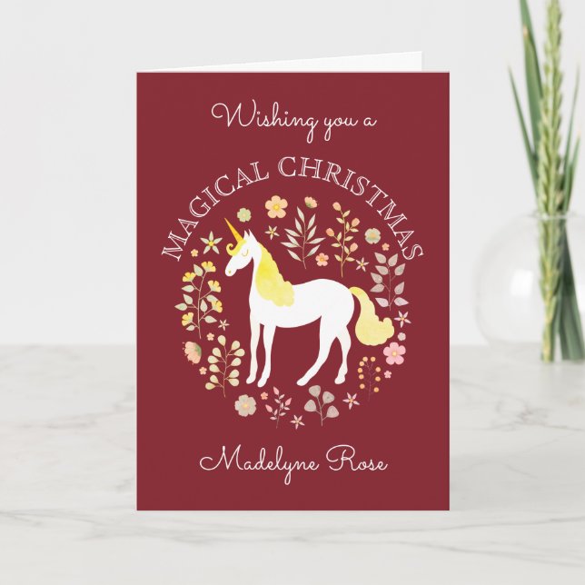 Cartes Pour Fêtes Annuelles Bourgogne Noël Unicorne Whimsical Personnalisé (Devant)