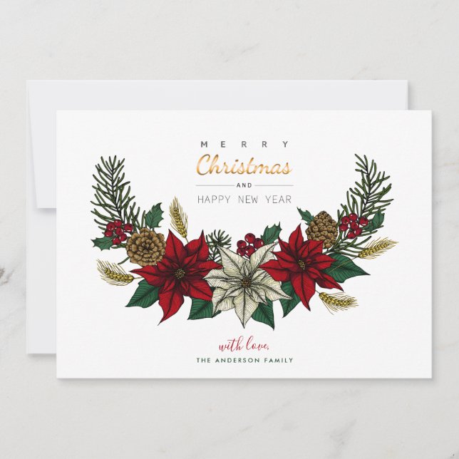 Cartes Pour Fêtes Annuelles Bouton de Noël avec Poinsettias et VOTRE PHOTO (Devant)
