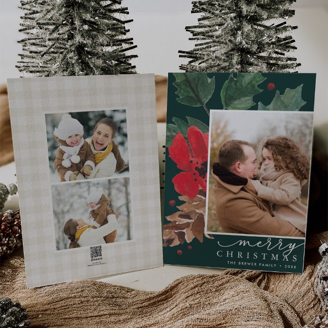 Cartes Pour Fêtes Annuelles Bouton rustique | Photo de Noël aquarelle (Créateur téléchargé)