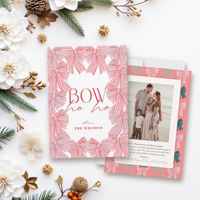 Cartes Pour Fêtes Annuelles Bow Ho Ho Red & Pink Bows Photo Noël (Créateur téléchargé)