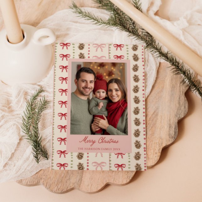 Cartes Pour Fêtes Annuelles Bow Pinecone Motif Photo de Noël (Créateur téléchargé)