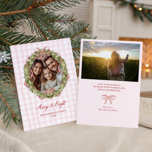 Cartes Pour Fêtes Annuelles Bow rose En vichy couronne de Noël Photo (Créateur téléchargé)