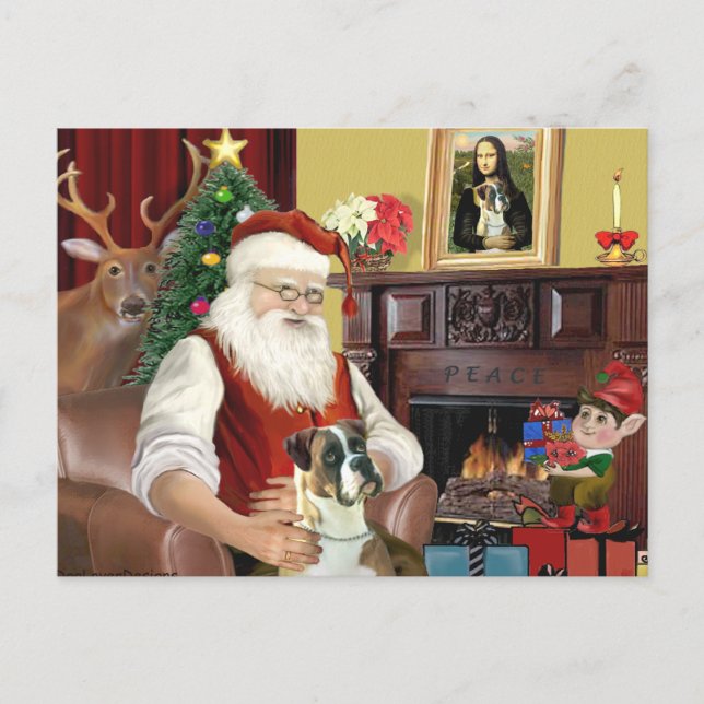 Cartes Pour Fêtes Annuelles Boxer à père Noël (oreilles naturelles) (Devant)