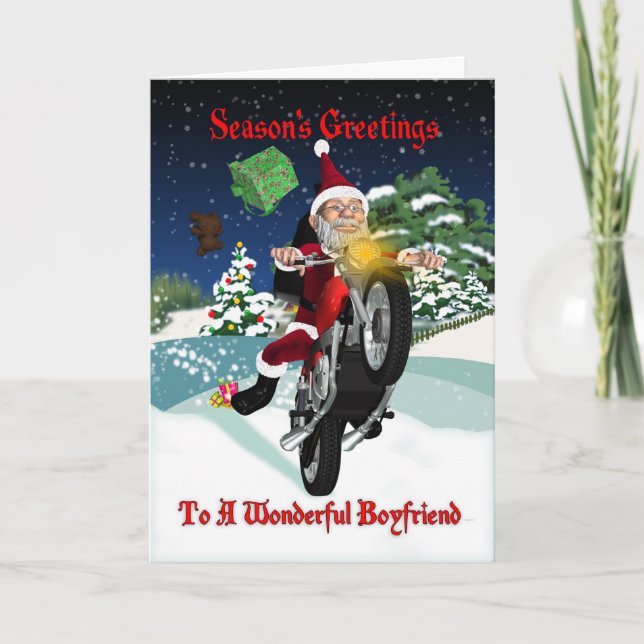Cartes Pour Fêtes Annuelles Boyfriend Moto Père Noël Avec Cadeaux Volants (Devant)