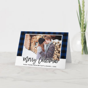Cartes Pour Fêtes Annuelles Bracelet Script bleu Plaid Couple photo Noël