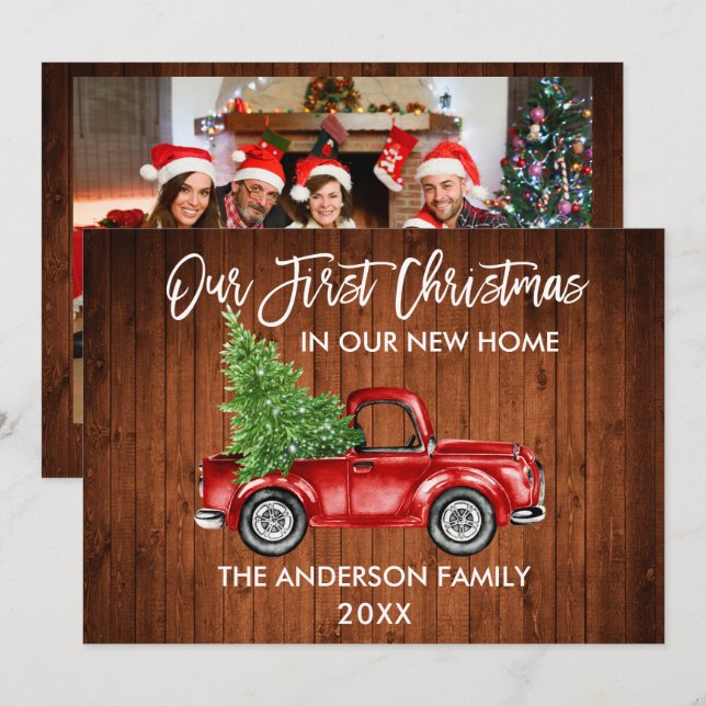 Cartes Pour Fêtes Annuelles Bracelet Script Camion Bois Première Noël Accueil  (Devant / Derrière)