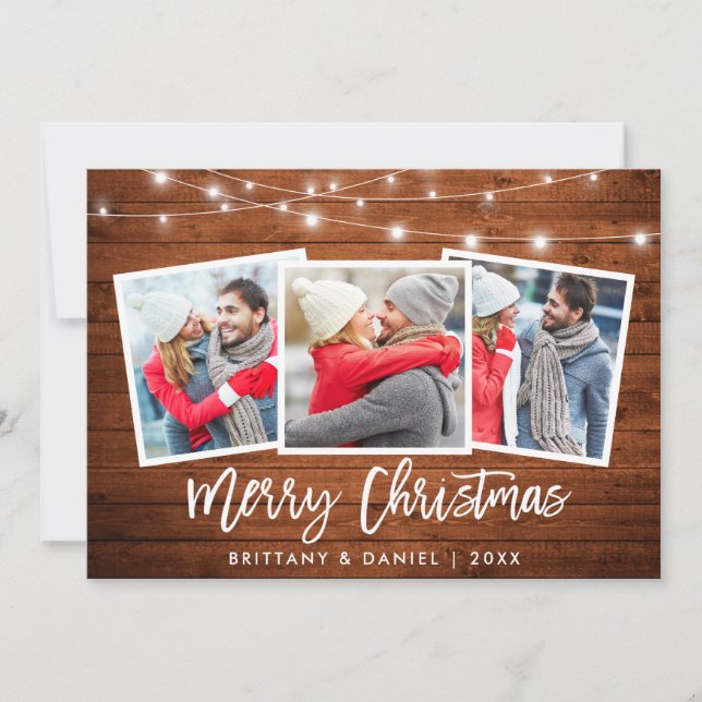 Cartes Pour Fêtes Annuelles Bracelet Script éclaire Bois rustique Noël 3 Photo (Devant)