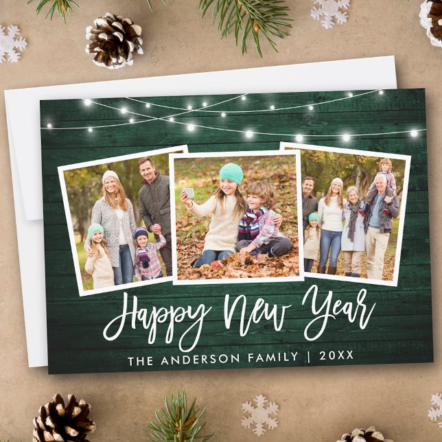 Cartes Pour Fêtes Annuelles Bracelet Script Lumières Bois vert 3 Photo Nouvel  (Customize to add text to back of card.)