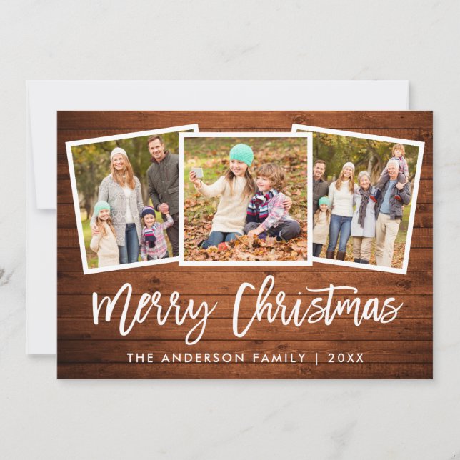 Cartes Pour Fêtes Annuelles Bracelet Script Rustic Wood 3 Photo Famille Noël (Devant)