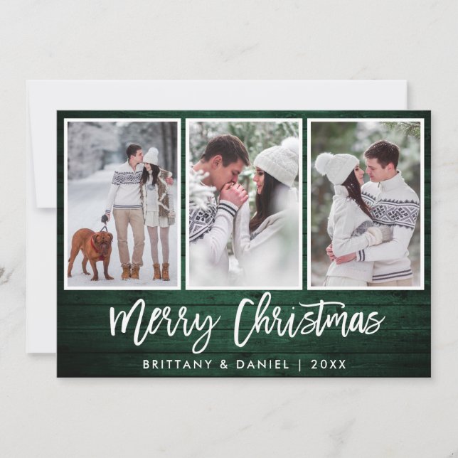 Cartes Pour Fêtes Annuelles Bracelet Script Rustique Vert Bois Noël 3 Photo (Devant)